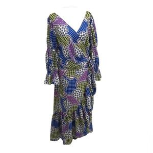 CQ by CQ multicolor geometric patchwork  long sleeve ruffle Wrap Maxi dress Lg
